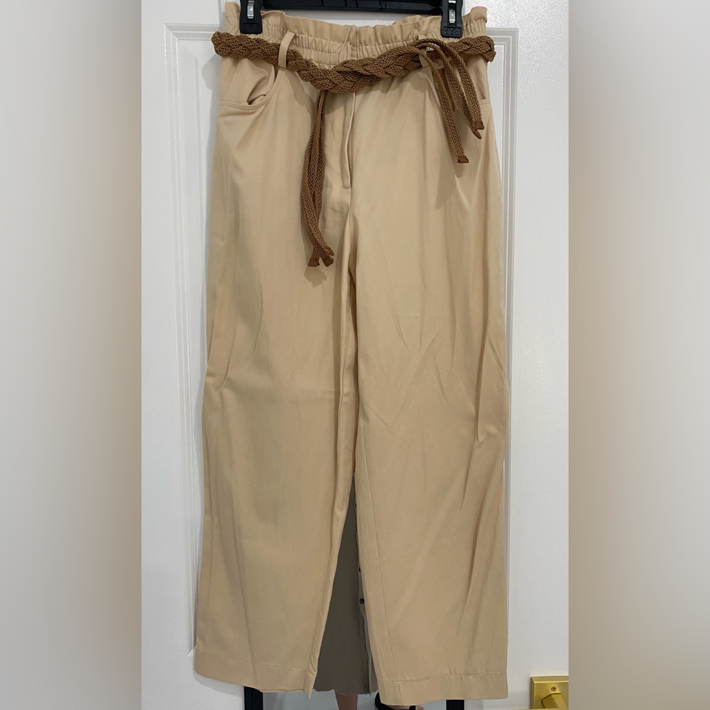 Zara Straight Leg Tab Pants With Brown Tie Belt